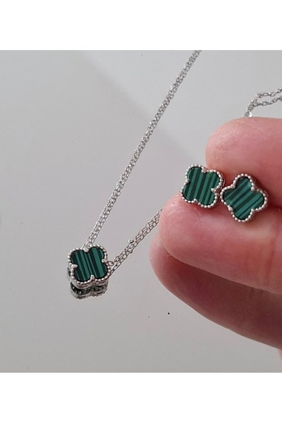 Silver 925 Ayar Gümüş Yeşil Yonca Kadın Kolye Küpe Takım | Özel Gün Hediyesi