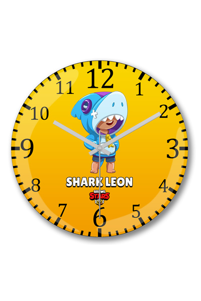 BASKI DÜNYASI ساعة حائط Brawl Stars Shark Leon من الزجاج الحقيقي المنحني