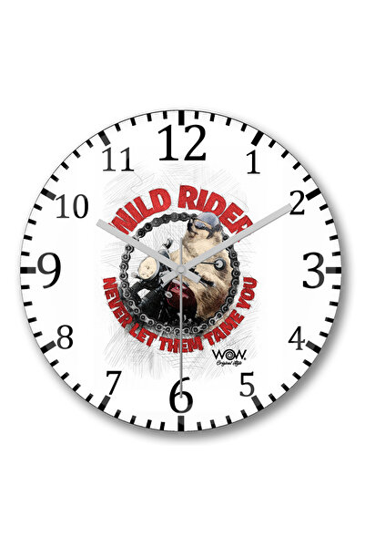 BASKI DÜNYASI ساعة حائط Wild Rider Pug Dog من الزجاج الحقيقي المنحني