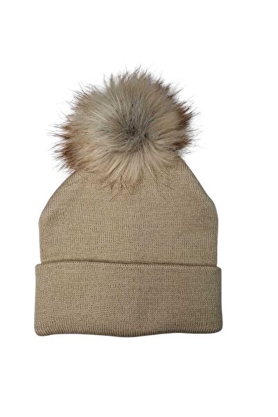 SPTEKS Kız Çocuk Koyu Bej Renk Ponponlu Kışlık Örme Bere