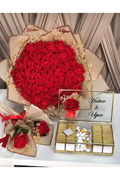 CONCEPT DESİNG TASARIM İsteme, söz, nişan çiçeği 41 adet kadife gül buketi 65 adet isimli çikolata ve bademli