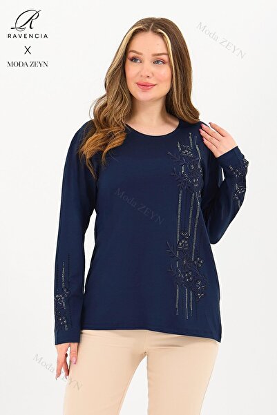Ravencia بلوزة نسائية من القطن الممشط باللون الأزرق الداكن من الليكرا المطرزة...