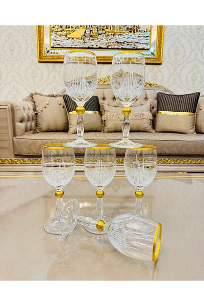 LOKMAN ZÜCCACİYE Pasabahce 6 Persons Gold Detailed Cutout Line Model Brown Wine Glasses & Glasses