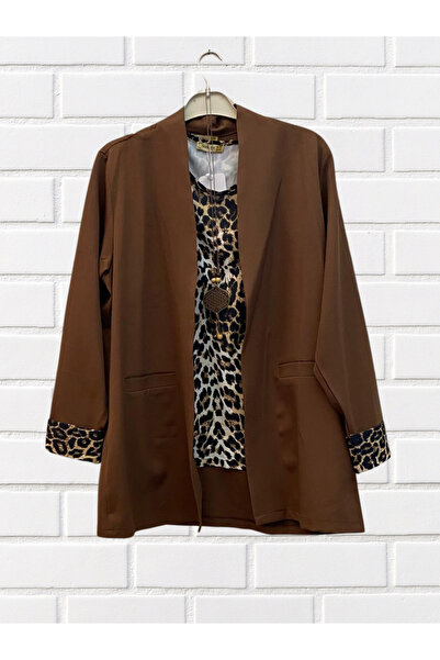 ÇAĞLA MODA 06 Leopar desenli bluz ceket takım kolyeli