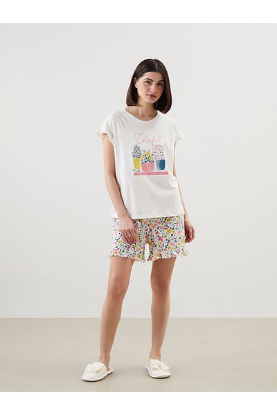 LC Waikiki Lcw Dream Ecru Crew Neck Printed Women's Pajamas Set