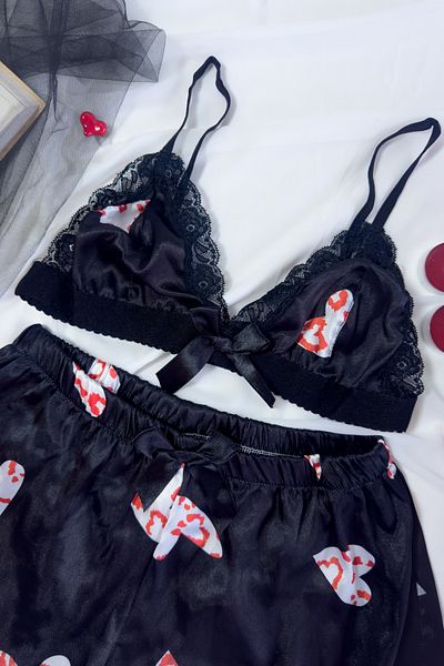 G&H UNDERWEAR - Set pijamale cu inimă neagră din satin