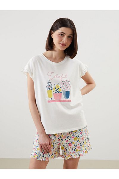 LC Waikiki Lcw Dream Ecru Crew Neck Printed Women's Pajamas Set
