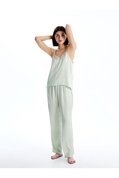 LC Waikiki Green V-Neck Satin Women's Pajama Set with Rope Straps