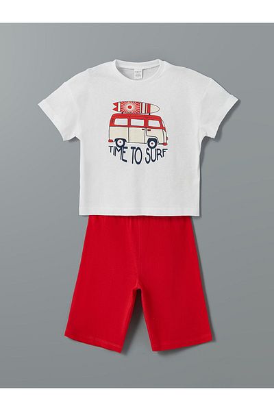 LC Waikiki Lcw Kids White Crew Neck Printed Short Sleeve Baby Boy Pajamas Set with Shorts