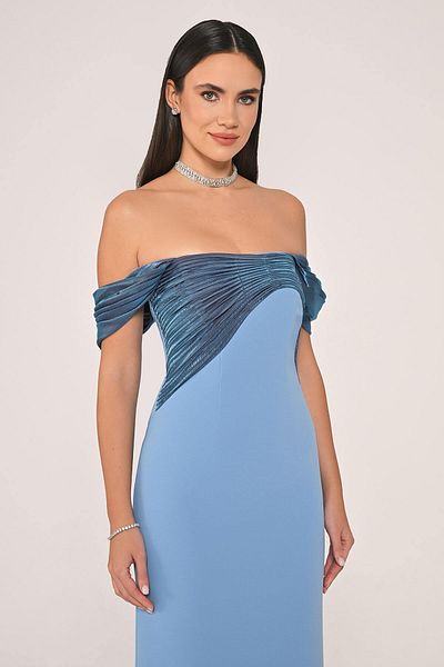 ALFABETA Women's Evening Dress Straplez Blue Asymetric Collar Long Stylish Dress