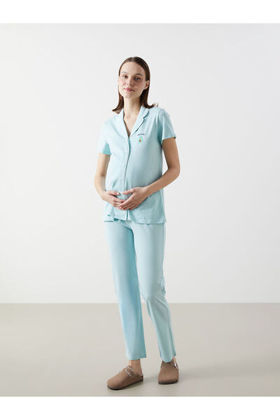 LC Waikiki Set de pijamale de maternitate brodate turcoaz guler de cămașă