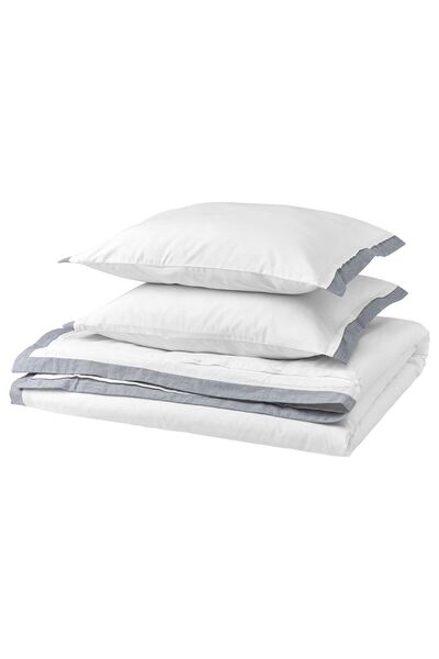 IKEA Σετ κρεβατοκάμαρας διπλού κρεβατιού μεγέθους 240x220/50x60 cm, λευκό-μπλε