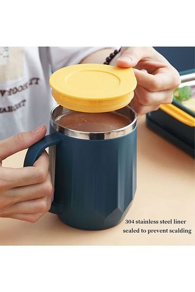 COOYA 304 Stainless Steel Insulation Mug,with Lid Double-Sealed ,400ML,for Coffee, Cereal, Noodles,Blue