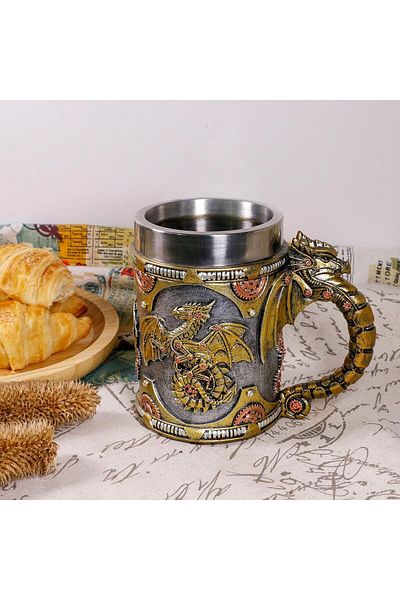 COOYA كوب تنين ميكانيكي من Steampunk Gearwork، من الفولاذ المقاوم للصدأ، هدية للرجال في عيد الأب، 14 أونصة