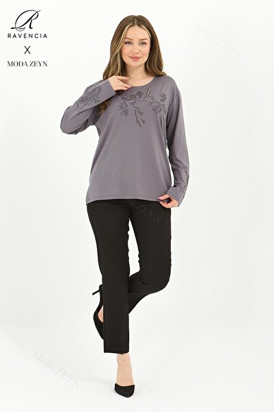 Ravencia Women's Middle-Aged and Above Viscose Tree Pattern Stone Embroidered Lycra Gray Mother's Combed Cotton Blouse