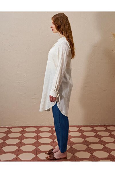 KYR Ecru Seersucker Long Tunic Judge Collar