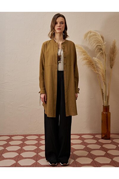 KYR Seersucker Long Tunic - Judge Collar and Dark Oliv