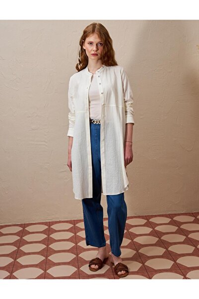 KYR Ecru Seersucker Long Tunic Judge Collar