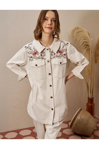 Kayra Jachetă din denim brodată în numerar și cremă揺