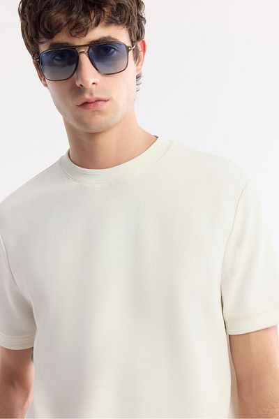 Avva Men's Ecru Crew Neck Cotton Jacquard Elastane T-Shirt A51Y1012