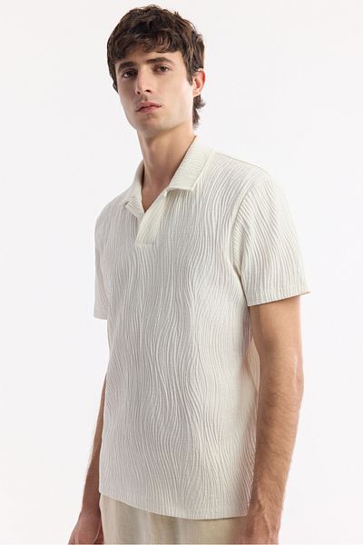 Avva Men's Ecru Apaj Collar Jacquard T-Shirt A51Y1053