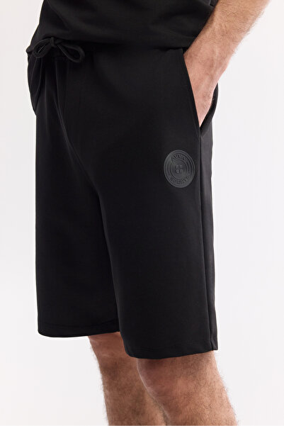 Avva Men's Black Elastic Waist Lace-Up Bi-Stretch 2 Thread Knitted Regular Fit Shorts A51Y3611