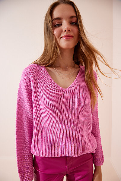 Lovelyİstanbul V Yaka Selanik Örgü Oversize Triko Kazak PEMBE LZA0007