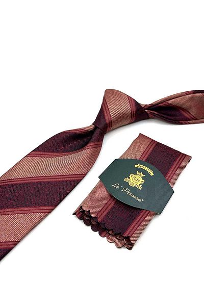 Kravatkolik Claret Red Stripe Pattern Classic Tie with Handkerchief Kk13147
