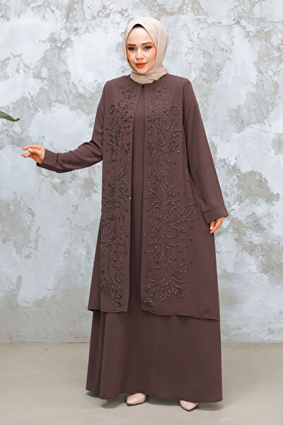 Neva Style Beaded Dark Mink Hijab Abaya 29121Kv