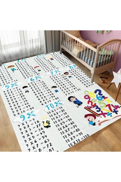Carpettex Çocuk Bebek Halısı Çarpım Tablosu eğitici oyun Halısı Gri Halı Yıkanabilir Kaymaz Taban