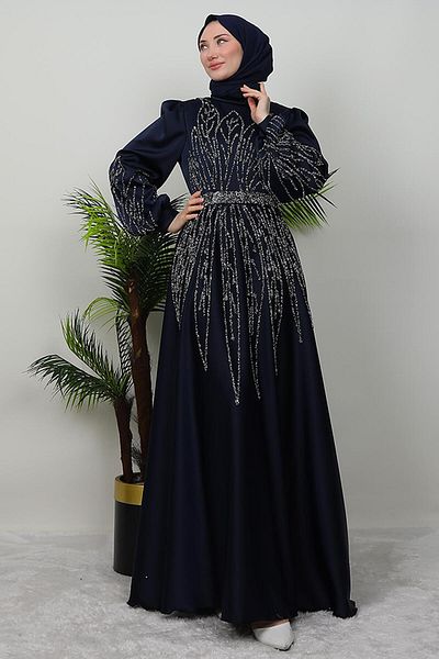 GİZ AGİYİM Ikbal Stoned Satin Evening Dress Navy Blue