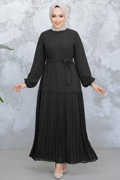 Neva Style Skirt Hem Pleated Black Hijab Dress 23771S