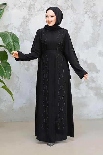 Neva Style Abaya hijab neagră brodata cu margele 29117S