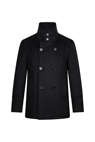 Hatemoğlu Siyah Slim Fit Kruvaze Yünlü Kaşe Kaban