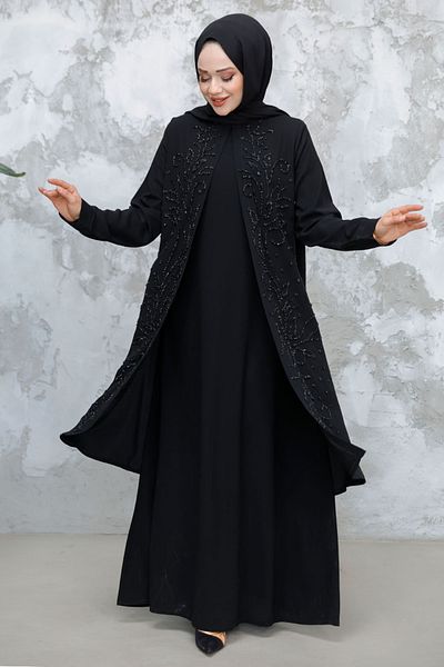 N.S NEVA STYLE Χάντρες Κεντημένο Μαύρο Hijab Abaya 29121S