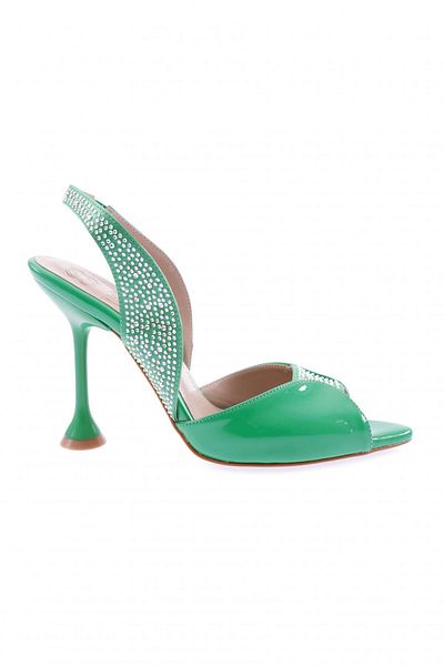 DGN Pantofi cu toc calice din piele lacuita cu piatra argintie verde - 133286