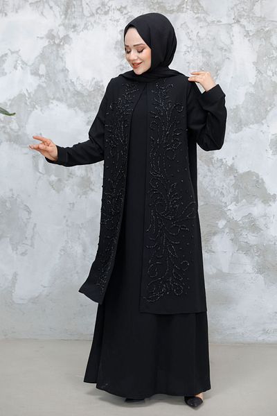 N.S NEVA STYLE Χάντρες Κεντημένο Μαύρο Hijab Abaya 29121S