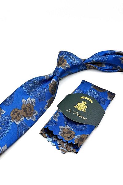 Kravatkolik Classic Tie with Blue Flower Pattern Handkerchief Kk13143