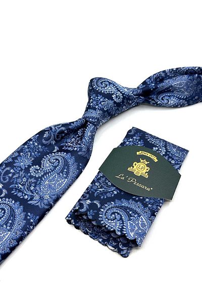 Kravatkolik Navy Blue Paisley Pattern Classic Tie with Handkerchief Kk13129
