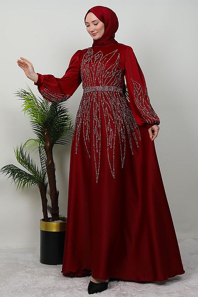 GİZ AGİYİM İkbal Stone Satin Evening Dress Burgundy Model