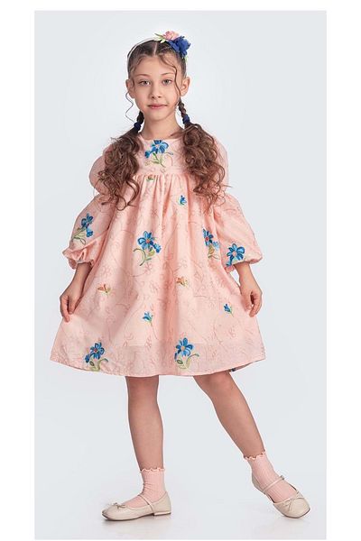 Mnk Baby&Kids Mediterranean Floral Embroidery Girls Muslin Dress - Pudra M00706
