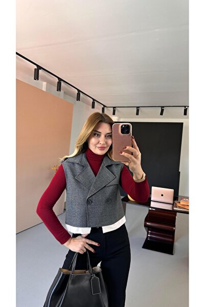 Sezgi Tekin Γκρι καρό γιλέκο με λεπτομέρεια Poplin