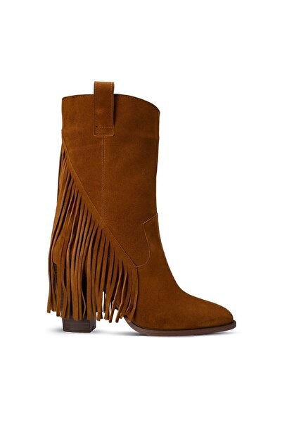 Deery Hakiki Süet Taba Rengi Western Püsküllü Kadın Bot