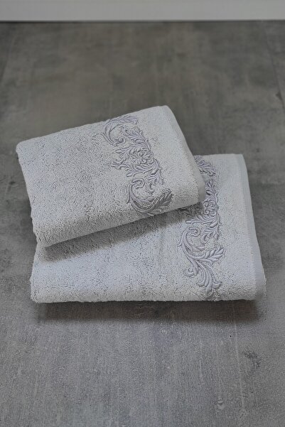 Sevim Σετ πετσετών Tivoli Cloé Bamboo Soft 2 τεμαχίων - Γκρι κεντημένο και απορροφητικό στο νερό