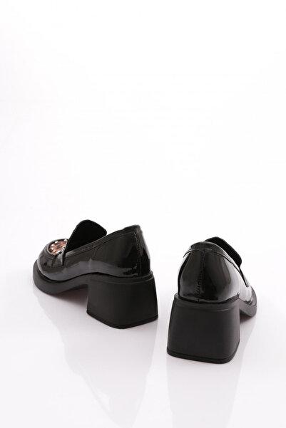 DGN Yüksek Taban Taş Detaylı Loafer Kadın Ayakkabı Siyah Rugan Leopar 3212535