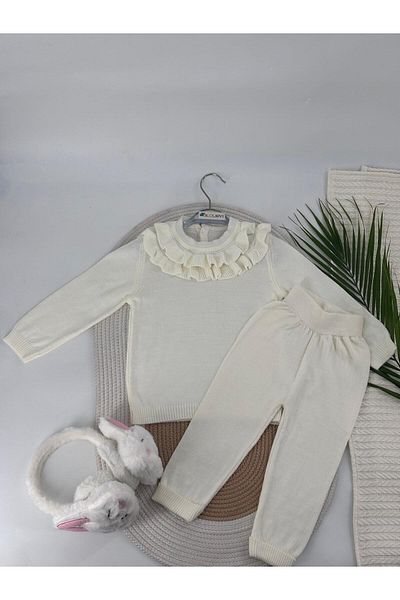 KURGAN TEKSTİL Baby Girl Crew Neck Ruffled Plain Sweater Knitwear Set of 2