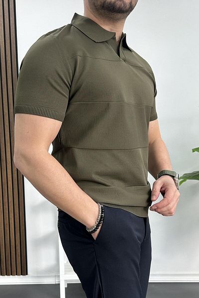 Edwox Ανδρικό μπλουζάκι με ανοιχτό γιακά Khaki Edw237