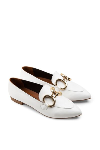 Deery Genuine Leather White Buckle Women's Ballerinas