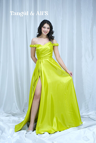 Tangül&Ali'S Moda Evi Lizbon Saten Drapeli Yeşil Maxi Elbise