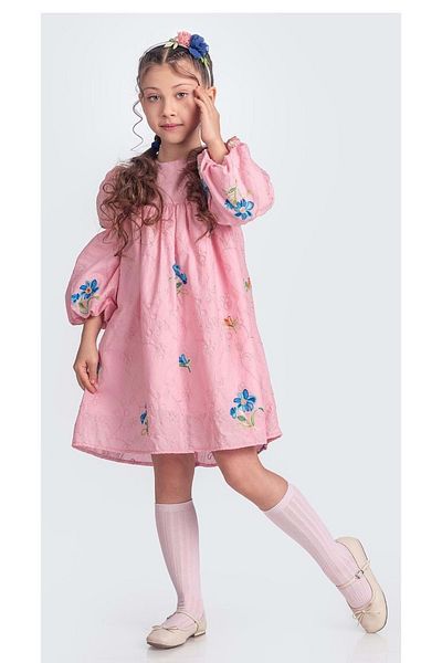 Mnk Baby&Kids Mediterranean Floral Embroidery - Girls Muslin Dress M00706 Pink